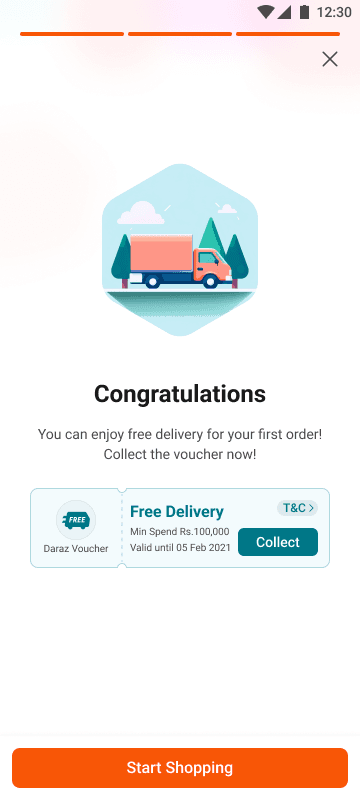 Daraz onboarding screen offering a free-delivery voucher