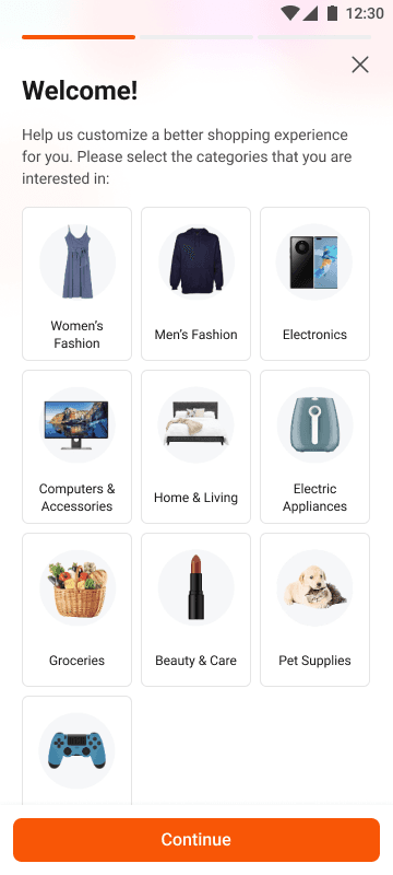 Daraz onboarding screen asking new users to select interested shopping categories
