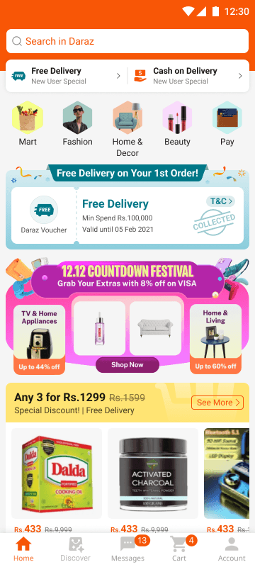 Daraz new-user homepage with trust signals, categories, voucher, campaign, and products